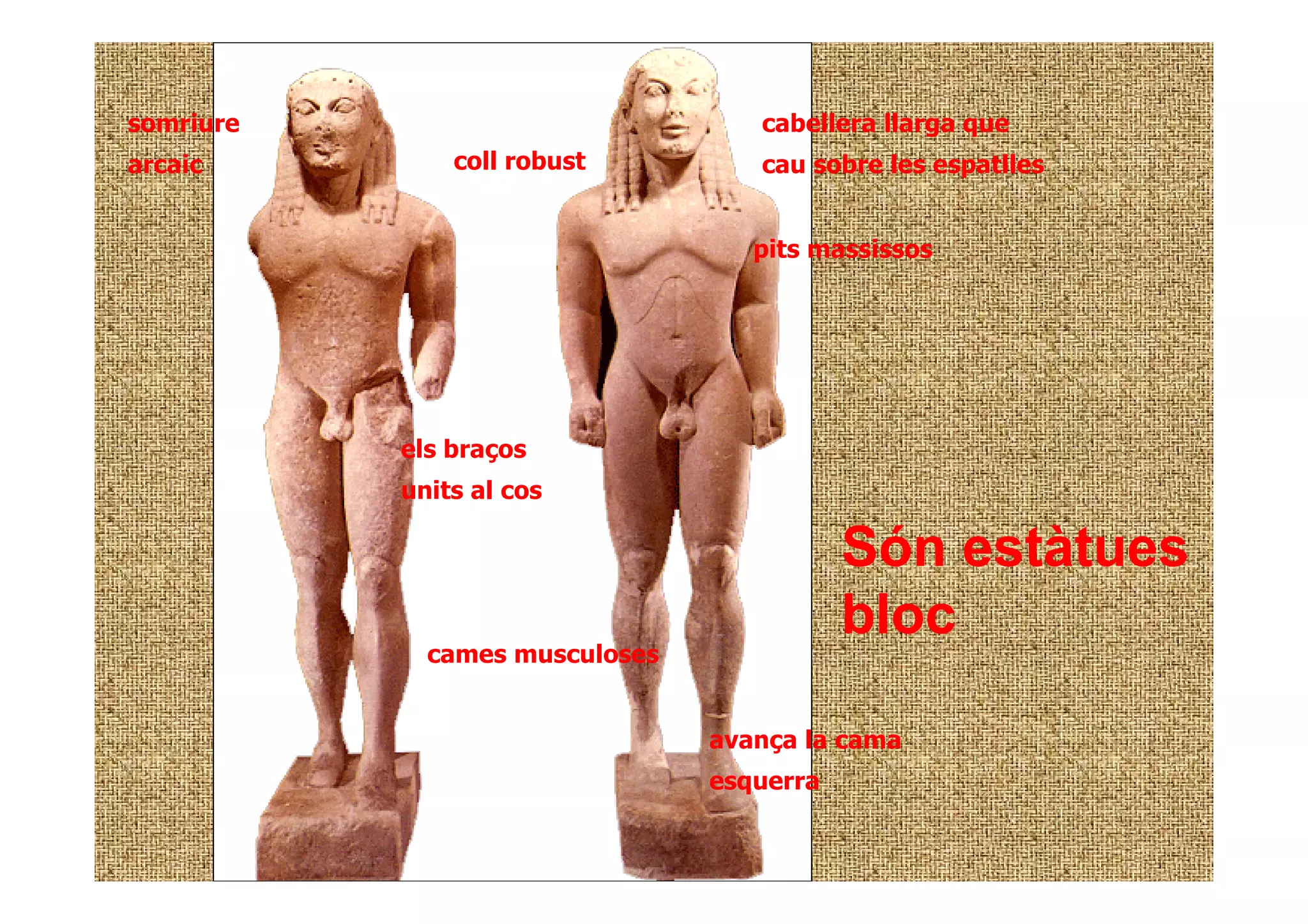 somriure                           cabellera llarga que
arcaic         coll robust         cau sobre les espatlles


                                   pits massissos




           els braços
           units al cos

                                           Són estàtues
                                           bloc
             cames musculoses


                                avança la cama
                                esquerra
 