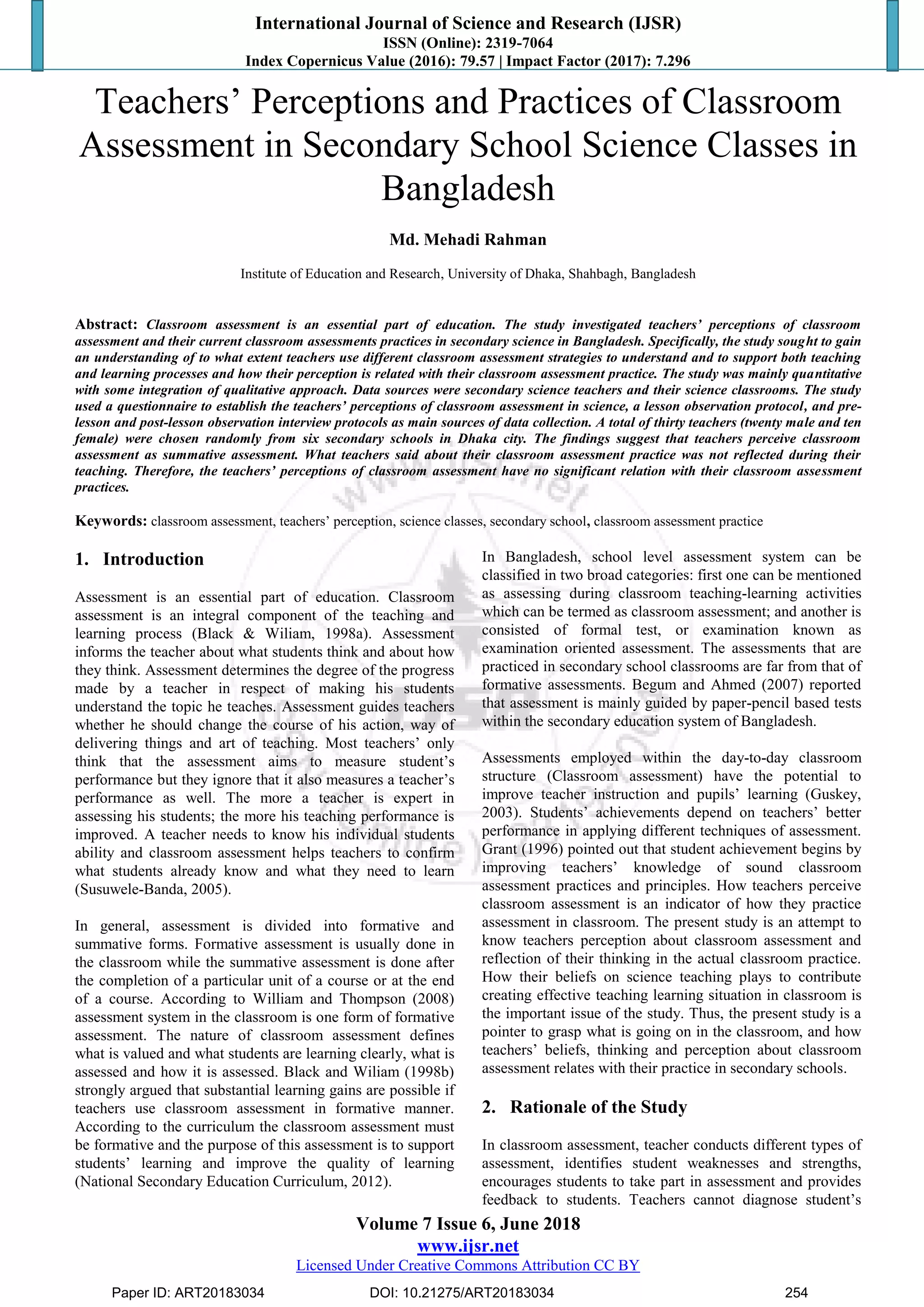 Teachers’ Perceptions and Practices of Classroom Assessment in ...
