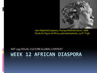 Jean-BaptisteCarpeaux, PourquoiNaîtreEsclave?, 1868
                 Study for figure of Africa, patinated plaster, 25 ¾’” high




ART 299 VISUAL CULTURE GLOBAL CONTEXT

WEEK 12 AFRICAN DIASPORA
 