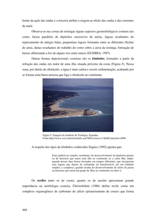 limite da ação das ondas e a terceira atribui a origem ao efeito das ondas e das correntes
de maré.
       Observa-se nas costas de restingas alguns aspectos geomorfológicos comuns tais
como: faixas paralelas de depósitos sucessivos de areias, lagoas resultantes do
represamento de antigas baías, pequeninas lagoas formadas entre as diferentes flechas
de areia, dunas resultantes do trabalho do vento sobre a areia da restinga, formação de
barras obliterando a foz de alguns rios entre outros (GUERRA, 1997).
       Outras formas deposicionais costeiras são os tômbolos, formados a partir da
refração das ondas em redor de uma ilha situada próximo da costa (Figura 5). Nessa
zona, por detrás do obstáculo, a água é mais calma e ocorre sedimentação, acabando por
se formar uma barra arenosa que liga o obstáculo ao continente.




                Figura 5: Imagem do tômbolo de Trafalgar, Espanha.
                Fonte:http://www.sol.com/en/modulo.asp?IdProvincia=11&IdContenido=499#


       A respeito dos tipos de tômbulos conhecidos Suguio (1992) aponta que:

                        Estes podem ser simples, resultantes do desenvolvimento de depósitos praiais
                        ou de barreiras que unem uma ilha ao continente ou a outra ilha; duplo,
                        quando possui duas barras formadas em tempos diferentes, que incorporam
                        uma laguna que depois de colmatada irá transformá-lo em um tômbulo
                        simples; e complexo, quando resulta do desenvolvimento de séries de praias
                        ou barreiras que unem um grupo de ilhas ao continente ou entre si.


       Os recifes tanto os de corais, quanto os de arenito apresentam grande
importância na morfologia costeira. Christofoletti (1986) define recife como um
complexo organogênico de carbonato de cálcio (primariamente de corais) que forma




468
 
