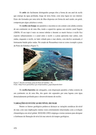 Os atóis são facilmente distinguidos porque têm a forma de um anel de recife
que emerge da água profunda, longe de terra firme, com uma lagoa no seu interior.
Estes são formados por uma série de ilhas dispostas em forma de anel sendo, em geral,
composta por algas calcárias e corais.
       Os recifes em franja são paralelos e encontra-se em contato com alinha costeira
de um continente ou de uma ilha, tendo a separá-los apenas um estreito canal Suguio
(2003b). O seu topo é mais ou menos tabular e durante as marés baixas o recife fica
exposto subaereamente e o canal entre o recife e a praia apresenta mar calmo, sem
ondas, enquanto o recife, no lado voltado para o mar aberto, com declive acentuado, é
fortemente batido pelas ondas. No estado de Pernambuco tem-se como exemplo a praia
de Porto de Galinhas (Figura 7).




Figura 7: Recifes em franja, praia de Porto de Galinhas – Pe.
Fonte: <http://www.pernambuco.gov.br/pernambuco_papeisdeparede.htm>


       Os recifes-barreira são alongados, com disposição paralela a linha costeira de
um continente ou de uma ilha, dos quais são separados por uma laguna com água
demasiadamente profunda para o desenvolvimento de recifes.


VARIAÇÕES EUSTÁTICAS DO NÍVEL DO MAR
       Dentre os fatores geológicos podem-se destacar as variações eustáticas do nível
do mar, com suas implicações muitas vezes estreitamente relacionadas com a evolução
climatológica em nível global. SUGUIO (1992) emprega o termo eustasia para designar
o fenômeno de flutuação do nível do mar através de tempos geológicos.




470
 