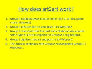 How does art2art work? Group A collaboratively creates some type of art (ex. poem, music, video etc) Group A digitizes the art and posts it to Website X Group Z reads/watches the post and collaboratively creates some type of artistic response to Group A’s original post. Group Z digitizes that art and posts it to Website X The process continues with Group A responding to Group Z’s response... 