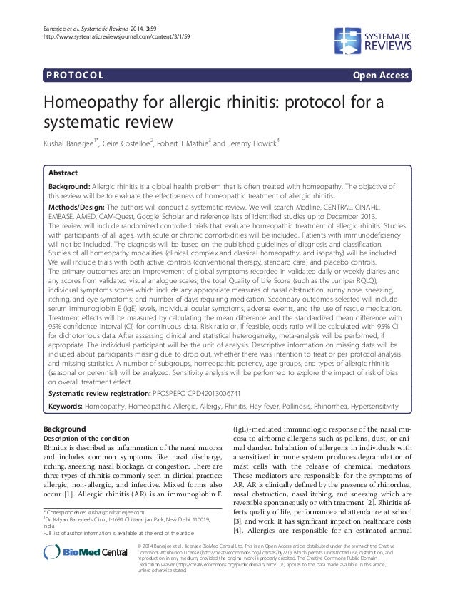 Homeopathy for allergic rhinitis protocol for a systematic review