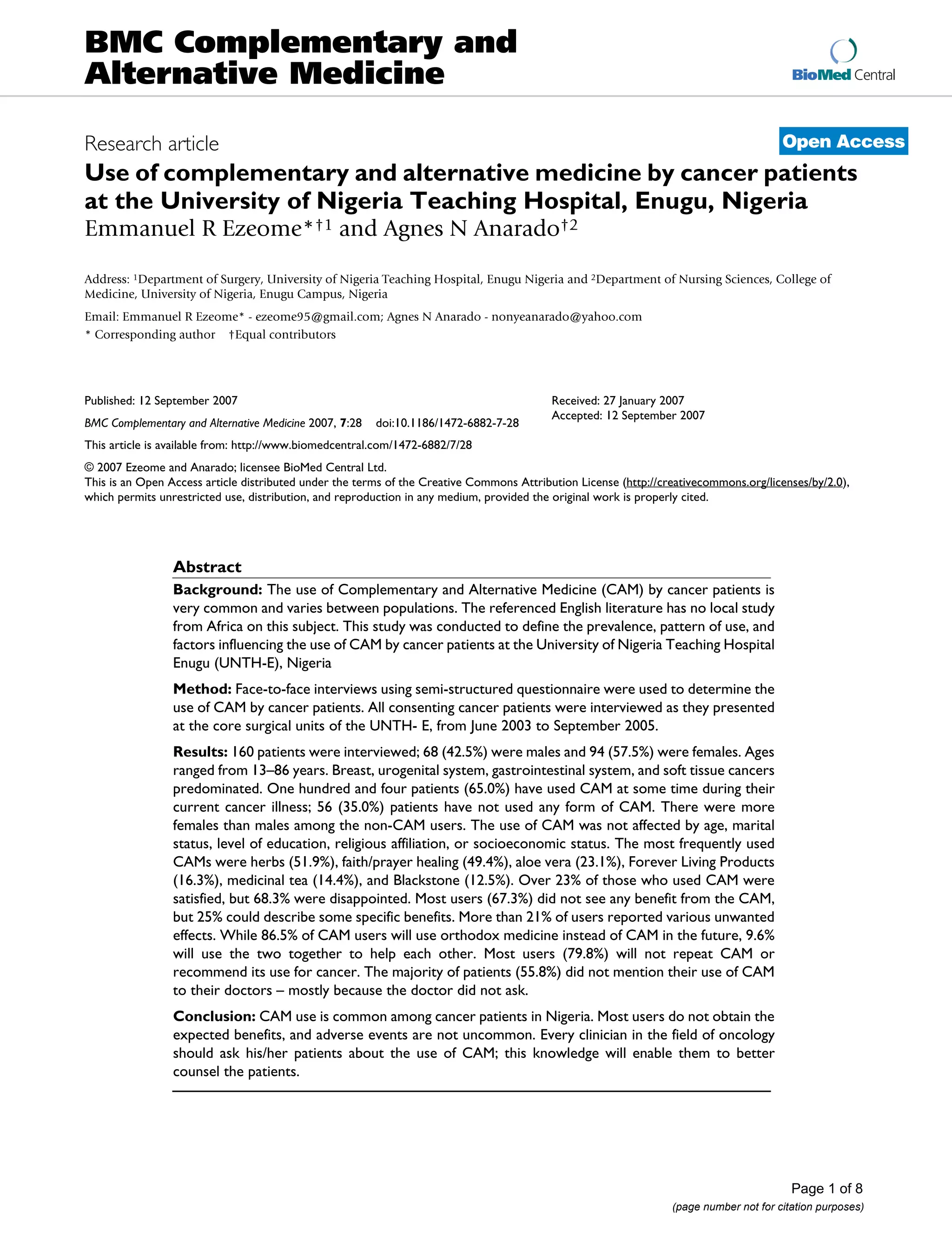 Use of complementary and alternative medicine by cancer patients at the ...