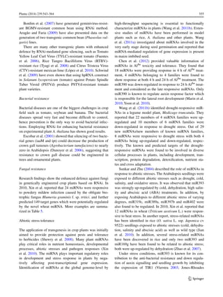 555Planta (2014) 239:543–564	
1 3
Bonfim et al. (2007) have generated geminivirus-resist-
ant BGMV-resistant common bean using RNAi method.
Aragão and Faria (2009) have also presented data on the
generation of two transgenic common bean (Phaseolus vul-
garis) lines.
There are many other transgenic plants with enhanced
defence by RNAi-mediated gene silencing, such as Tomato
Yellow Leaf Curl Virus (TYLC)-resistant tomato (Fuentes
et al. 2006), Rice Tungro Bacilliform Virus (RTBV)-
resistant rice (Tyagi et al. 2008) and Citrus Tristeza Virus
(CTV)-resistant mexican lime (López et al. 2010). Schwind
et al. (2009) have even shown that using hpRNA construct
in Solanum lycopersicum (tomato) against Potato Spindle
Tuber Viroid (PSTVd) produce PSTVd-resistant tomato
plant varieties.
Bacterial resistance
Bacterial diseases are one of the biggest challenges in crop
field such as tomato, soybean and banana. The bacterial
diseases spread very fast and become difficult to control,
hence prevention is the only way to avoid bacterial infec-
tions. Employing RNAi for enhancing bacterial resistance
on experimental plant A. thaliana has shown good results.
Escobar et al. (2001) showed that silencing of two bacte-
rial genes (iaaM and ipt) could decrease the production of
crown gall tumours (Agrobacterium tumefaciens) to nearly
zero in Arabidopsis (Dunoyer et al. 2006), suggesting that
resistance to crown gall disease could be engineered in
trees and ornamental plants.
Fungal resistance
Research findings show the enhanced defence against fungi
in genetically engineered crop plants based on RNAi. In
2010, Xin et al. reported that 24 miRNAs were responsive
to powdery mildew infection caused by the obligate bio-
trophic fungus Blumeria graminis f. sp. tritici. and further
predicted 149 target genes which were potentially regulated
by the novel wheat miRNA. More examples are summa-
rized in Table 5.
Abiotic stress tolerance
The application of transgenesis in crop plants was initially
aimed to provide protection against pests and tolerance
to herbicides (Shewry et al. 2008). Many plant miRNAs
play critical roles in nutrient homeostasis, developmental
processes, abiotic stresses and pathogen responses (Xin
et al. 2010). The miRNA plays important regulatory roles
in development and stress response in plants by nega-
tively affecting post-transcriptional gene expression.
Identification of miRNAs at the global genome-level by
high-throughput sequencing is essential to functionally
characterize miRNAs in plants (Wang et al. 2011b). Exten-
sive studies of miRNAs have been performed in model
plants such as rice, A. thaliana and other plants. Wang
et al. (2011a) investigated about miRNAs involved in the
very early stage during seed germination and reported that
miRNA-mediated regulation of gene expression is present
in maize imbibed seed.
Chen et al. (2012) provided valuable information of
miRNAs in Al3+
toxicity and tolerance. They found that
18 miRNAs were providing response in 4 h of Al3+
treat-
ment, 4 miRNAs belonging to 4 families were found to
show response at both 4 h and 24 h of Al3+
treatment. The
miR390 was down-regulated in response to 24 h Al3+
treat-
ment and considered as the late responsive miRNAs. Only
miR390 is known to regulate auxin response factor which
is responsible for the lateral root development (Marin et al.
2010; Yoon et al. 2010).
Wang et al. (2011b) identified drought-responsive miR-
NAs in a legume model plant, Medicago truncatula. They
reported that 22 members of 4 miRNA families were up-
regulated and 10 members of 6 miRNA families were
down-regulated in response to drought stress. Out of 29
new miRNAs/new members of known miRNA families,
8 miRNAs were responsive to drought stress with both 4
miRNAs being up-regulated and down-regulated, respec-
tively. The known and predicted targets of the drought-
responsive miRNAs were found to be involved in diverse
cellular processes in plants, including development, tran-
scription, protein degradation, detoxification, nutrient sta-
tus and cross adaptation.
Sunkar and Zhu (2004) described the role of miRNAs in
response to abiotic stresses. The Arabidopsis seedlings were
exposed to different abiotic stresses such as drought, cold,
salinity, and oxidative stress. It was observed that miR393
was strongly up-regulated by cold, dehydration, high salin-
ity and abscisic acid (ABA) treatments. In addition, by
exposing Arabidopsis to different abiotic stress of varying
degrees, miR319c, miR389a, miR397b and miR402 were
also found to be regulated. In 2010, Xin et al. reported that
12 miRNAs in wheat (Triticum aestivum L.) were respon-
sive to heat stress. In another report, stress-related miRNAs
has been identified in rice (O. sativa L. ssp. Japonica cv
9522) seedlings exposed to abiotic stresses (cold, dehydra-
tion, salinity and abscisic acid) as well as wild type (Jian
et al. 2010). In addition, several stress-related miRNAs
have been discovered in rice and only two miR393 and
miR169g have been found to be related to abiotic stress;
both were up-regulated by dehydration (Zhao et al. 2007).
Under stress conditions, miR393 is known for its con-
tribution to the anti-bacterial resistance and down regula-
tion of auxin signalling and seedling growth by inhibiting
the expression of TIR1 (Vierstra 2003; Jones-Rhoades
 