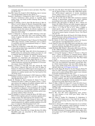 561Planta (2014) 239:543–564	
1 3
cyanogenic glucoside content in leaves and tubers. Plant Phys-
iol 139:363–374
Jung HJG, Samac DA, Sarath G (2012) Modifying crops to increase
cell wall digestibility. Plant Sci 185–186:65–77
Kamachi S, Mochizuki A, Nishiguchi M, Tabei Y (2007) Transgenic
Nicotiana benthamiana plants resistant to cucumber green
mottle mosaic virus based on RNA silencing. Plant Cell Rep
26:1283–1288
Kaminaga Y, Schnepp J, Peel G, Kish CM, Ben-Nissan G, Weis D,
Orlova I, Lavie O, Rhode D, Wood K, Porterfield DM, Cooper
AJL, Schloss JV, Pichersky E, Vainstein A, Dudareva N (2006)
Phenylacetaldehyde synthase from Petunia hybrida is a bio-
functional enzyme that catalyzes the efficient coupling of phe-
nylalanine decarboxylation to phenylalanine oxidation. J Biol
Chem 281:23357–23366
Kapoor S, Kobayashi A, Takatsuji S (2002) Silencing of the tape-
tum-specific zinc finger gene TAZ1 causes premature degen-
eration of tapetum and pollen abortion in petunia. Plant Cell
14:2353–2367
Ketting RF, Fischer SE, Bernstein E, Sijen T, Hannon GJ, Plasterk RH
(2001) Dicer functions in RNA interference and in synthesis
of small RNA involved in developmental timing in C. elegans.
Genes Dev 15:2654–2659
Khan S, Mirza KJ, Al-Qurainy F, Abdin MZ (2011a) Authentication
of the medicinal plant Senna angustifolia by RAPD profiling.
Saudi J Biol Sci 18:287–297
Khan S, Mirza KJ, Tyagi MR, Abdin MZ (2011b) Development of
RAPD markers for authentication of Ruta graveolens (L) and
its adulterant. Med Aromat Plant Sci Biotechnol 5:58–61
Khan S, Al-Qurainy F, Nadeem M (2012) Biotechnological
approaches for conservation and improvement of rare and
endangered plants of Saudi Arabia. Saudi J Biol Sci 19:1–11
Knight SW, Bass BL (2001) A role for the RNase III enzyme DCR-1
in RNA interference and germ line development in Caenorhab-
ditis elegans. Science 293:2269–2271
Koeduka T, Fridman E, Gang DR, Vassa DG, Jackson BL, Kish
CM, Orlova I, Spassova SM, Lewis NG, Noel JP, Baiga TJ,
Dudareva N, Pichersky E (2006) Eugenol and isoeugenol, char-
acteristic aromatic constituents of spices, are biosynthesized via
reduction of a coniferyl alcohol ester. Proc Natl Acad Sci USA
103:10128–10133
Krubphachaya P, Jurˇícˇek M, Kertbundit S (2007) Induction of RNA-
mediated resistance to papaya ring spot virus type W. J Bio-
chem Mol Biol 40:401–411
Kusaba M, Miyahara K, Iida S, Fukuoka H, Takano T, Sassa H,
Nishimura M, Nishio T (2003) Low glutelin content 1: a domi-
nant mutation that suppresses the glutelin multigene family via
RNA silencing in rice. Plant Cell 15:1455–1467
Laporte P, Satiat-Jeunemaıtre B, Velasco I, Csorba T, Van de Velde
W, Campalans A, Burgyan J, Arevalo-Rodriguez M, Crespi M
(2010) A novel RNA-binding peptide regulates the establish-
ment of the Medicago truncatula–Sinorhizobium meliloti nitro-
gen-fixing symbiosis. Plant J. 62:24–38
Lauter N, Kampani A, Carlson S, Goebel M, Moose SP (2005) micro-
RNA172 down-regulates glossy15 to promote vegetative phase
change in maize. Proc Natl Acad Sci USA 102:9412–9417
Le L, Lorenz Y, Scheurer S, Fotisch K, Enrique E, Bartra J, Biemelt
S, Vieths S, Sonnewald U (2006) Design of tomato fruits with
reduced allergenicity by dsRNAi-mediated inhibition of ns-LTP
(Lyc e 3) expression. Plant Biotechnol J 4:231–242
Lee RC, Feinbaum RL, Ambros V (1993) The C. elegans heterochro-
nic gene lin-4 encodes small RNAs with antisense complemen-
tarity to lin-14. Cell 75:843–854
Lee Y, Kim M, Han J, Yeom KH, Lee S, Baek SH, Kim VN (2004)
MicroRNA genes are transcribed by RNA polymerase II.
EMBO J 23:4051–4060
Lewis RS, Jack AM, Morris JW, Robert VJM, Gavilano LB, Simin-
szky B, Bush LP, Hayes AJ, Dewey RE (2008) RNA interfer-
ence (RNAi)-induced suppression of nicotine demethylase
activity reduces levels of a key carcinogen in cured tobacco
leaves. Plant Biotechnol J 6:346–354
Li JC, Guo JB, Xu WZ, Ma M (2007) RNA interference-mediated
silencing of phytochelatin synthase gene reduces cadmium
accumulation in rice seeds. J Int Plant Biol 49:1032–1037
Li J, Brunner AM, Shevchenko O, Meilan R, Ma C, Skinner JS,
Strauss SH (2008a) Efficient and stable transgene suppression
via RNAi in field-grown poplars. Transgenic Res 17:679–694
Li Y, Zhou L, Li Y, Chen D, Tan X, Lei L, Zhou J (2008b) A
nodule-specific plant cysteine proteinase, AsNODF32, is
involved in nodule senescence and nitrogen fixation activity
of the green manure legume Astragalus sinicus. New Phytol
180:185–192
Li T, Liu B, Spalding MH, Weeks DP, Yang B (2012) High efficiency
TALEN-based gene editing produces disease-resistant rice. Nat
Biotechnol 30:390–392. doi:10.1038/nbt.2199
Lim EK, Bowles D (2012) Plant production systems for bioactive
small molecules. Curr Opin Biotechnol. 23:271–277
Liu Q, Singh PS, Green AG (2002) High-stearic and high-oleic cotton
seed oils produced by hairpin RNA-mediated post-transcrip-
tional gene silencing. Plant Physiol 129:1732–1743
Lobell DB, Burke MB, Tebaldi C, Mastrandrea MD, Falcon WP, Nay-
lor RL (2008) Prioritizing climate change adaptation needs for
food security in 2030. Science 319:607–610
López C, Cervera M, Fagoaga C, Moreno P, Navarro L, Flores R,
Peña L (2010) Accumulation of transgene-derived siRNAs
is not sufficient for RNAi-mediated protection against Citrus
tristeza virus in transgenic Mexican lime. Mol Plant Pathol
11:33–41
Mahfouz MM, Li L, Shamimuzzaman M, Wibowo A, Fang X, Zhu JK
(2011) De novo-engineered transcription activator-like effec-
tor (TALE) hybrid nuclease with novel DNA binding speci-
ficity creates double-strand breaks. Proc Natl Acad Sci USA
108:2623–2628. doi:10.1073/pnas.1019533108
Mao YB, Cai WJ, Wang JW, Hong GJ, Tao XY, Wang LJ, Huang YP,
Chen XY (2007) Silencing a cotton bollworm P450 monooxy-
genase gene by plant-mediated RNAi impairs larval tolerance
of gossypol. Nat Biotechnol 25:1307–1313
Marin E, Jouannet V, Herz A, Lokerse AS, Weijers D, Vaucheret H,
Nussaume L, Crespi MD, Maizel A (2010) miR390, Arabidop-
sis TAS3 tasiRNAs, and their AUXIN RESPONSE FACTOR
targets define an autoregulatory network quantitatively regulat-
ing lateral root growth. Plant Cell 22:1104–1117
Martin E, Duke J, Pelkki M, Clausen EC, Carrier DJ (2010) Sweet-
gum (Liquidambar styraciflua L.): extraction of shikimic acid
coupled to dilute acid pretreatment. Appl Biochem Biotechnol
162:1660–1668
Martino-Catt S, Sachs ES (2008) Editors choice series: the next gen-
eration of biotech crops. Plant Physiol 147:3–5
McGarry RC, Ayre BG (2012) Manipulating plant architec-
ture with members of the CETS gene family. Plant Sci
188–189:71–81
Meli VS, Ghosh S, Prabha TN, Chakraborty N, Chakraborty S,
Datta A (2010) Enhancement of fruit shelf life by suppress-
ing N-glycan processing enzymes. Proc Natl Acad Sci USA
107:2413–2418
Mentewab A, Stewart CN Jr (2005) Overexpression of an Arabidop-
sis thaliana ABC transporter confers kanamycin resistance to
transgenic plants. Nat Biotechnol 23:1177–1180
Missiou A, Kalantidis K, Boutla A, Tzortzakaki S, Tabler M, Tsagris
M (2004) Generation of transgenic potato plants highly resist-
ant to potato virus Y (PVY) through RNA silencing. Mol Breed
14:185–197
 