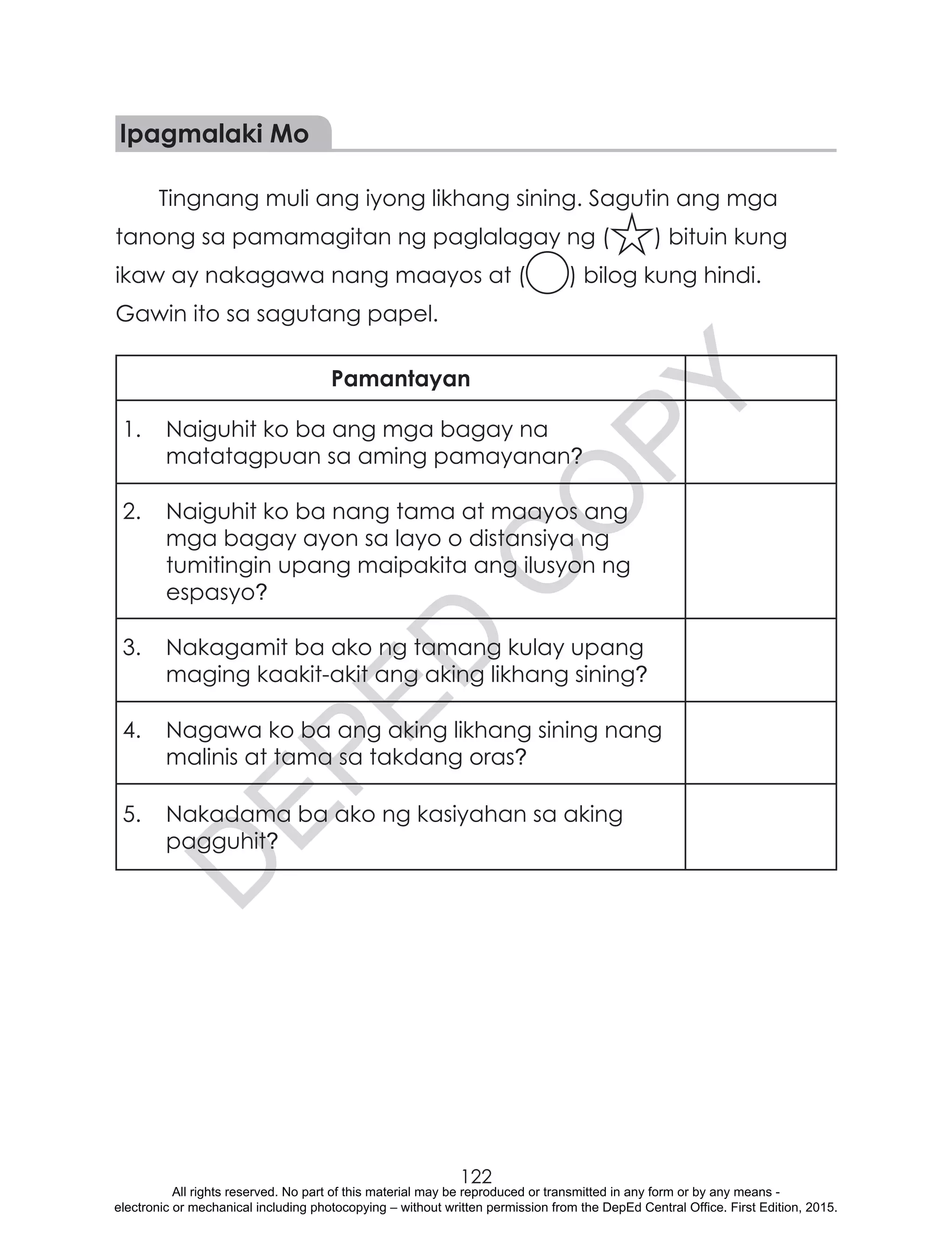 D
EPED
C
O
PY
122
Ipagmalaki Mo
Tingnang muli ang iyong likhang sining. Sagutin ang mga
tanong sa pamamagitan ng paglalagay ng ( ) bituin kung
ikaw ay nakagawa nang maayos at ( ) bilog kung hindi.
Gawin ito sa sagutang papel.
Pamantayan
1.	 Naiguhit ko ba ang mga bagay na
matatagpuan sa aming pamayanan?
2.	 Naiguhit ko ba nang tama at maayos ang
mga bagay ayon sa layo o distansiya ng
tumitingin upang maipakita ang ilusyon ng
espasyo?
3.	 Nakagamit ba ako ng tamang kulay upang
maging kaakit-akit ang aking likhang sining?
4.	 Nagawa ko ba ang aking likhang sining nang
malinis at tama sa takdang oras?
5.	 Nakadama ba ako ng kasiyahan sa aking
pagguhit?
All rights reserved. No part of this material may be reproduced or transmitted in any form or by any means -
electronic or mechanical including photocopying – without written permission from the DepEd Central Office. First Edition, 2015.
 