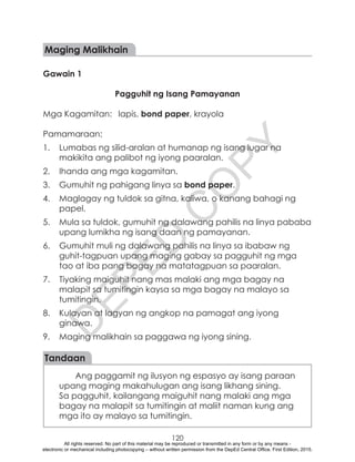 D
EPED
C
O
PY
120
Maging Malikhain
Gawain 1
Pagguhit ng Isang Pamayanan
Mga Kagamitan:	 lapis, bond paper, krayola
Pamamaraan:
1.	 Lumabas ng silid-aralan at humanap ng isang lugar na
makikita ang palibot ng iyong paaralan.
2.	 Ihanda ang mga kagamitan.
3.	 Gumuhit ng pahigang linya sa bond paper.
4.	 Maglagay ng tuldok sa gitna, kaliwa, o kanang bahagi ng
papel.
5.	 Mula sa tuldok, gumuhit ng dalawang pahilis na linya pababa
upang lumikha ng isang daan ng pamayanan.
6.	 Gumuhit muli ng dalawang pahilis na linya sa ibabaw ng
guhit-tagpuan upang maging gabay sa pagguhit ng mga
tao at iba pang bagay na matatagpuan sa paaralan.
7.	 Tiyaking maiguhit nang mas malaki ang mga bagay na
malapit sa tumitingin kaysa sa mga bagay na malayo sa
tumitingin.
8.	 Kulayan at lagyan ng angkop na pamagat ang iyong
ginawa.
9.	 Maging malikhain sa paggawa ng iyong sining.
Tandaan
Ang paggamit ng ilusyon ng espasyo ay isang paraan
upang maging makahulugan ang isang likhang sining.
Sa pagguhit, kailangang maiguhit nang malaki ang mga
bagay na malapit sa tumitingin at maliit naman kung ang
mga ito ay malayo sa tumitingin.
All rights reserved. No part of this material may be reproduced or transmitted in any form or by any means -
electronic or mechanical including photocopying – without written permission from the DepEd Central Office. First Edition, 2015.
 
