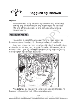 D
EPED
C
O
PY
127
ARALIN
5 Pagguhit ng Tanawin
Layunin
Nasasabi na sa isang larawan ng tanawin, ang harapang
bahagi ang pinakamalapit; ang mga bagay na kasunod
nito ang gitnang bahagi, at ang bahaging likuran ang
pinakamalayo
Pag-isipan Mo Ito
Napalalaki o napaliliit ng isang pintor ang mga bagay sa
larawan ayon sa kanilang kinalalagyan o layo sa tumitingin.
Ang mga bagay na nasa harapan at malapit sa tumitingin ay
malalaki samantalang ang nasa likuran ay maliliit lamang dahil
malayo ito sa lugar ng tumitingin. Ang iba pang mga bagay ay
nasa pagitan ng harapan at likuran.
Ang balance ay naipakikita sa larawan sa pagkakaroon ng
harapan, gitnang bahagi, at likuran ng larawan.
All rights reserved. No part of this material may be reproduced or transmitted in any form or by any means -
electronic or mechanical including photocopying – without written permission from the DepEd Central Office. First Edition, 2015.
 