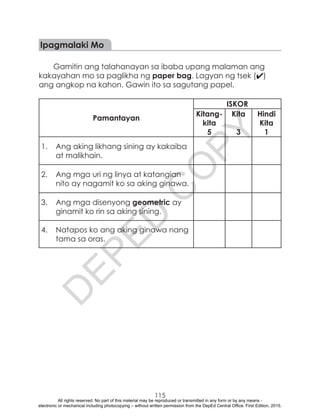 D
EPED
C
O
PY
115
Ipagmalaki Mo
Gamitin ang talahanayan sa ibaba upang malaman ang
kakayahan mo sa paglikha ng paper bag. Lagyan ng tsek (4)
ang angkop na kahon. Gawin ito sa sagutang papel.
Pamantayan
ISKOR
Kitang-
kita
5
Kita
3
Hindi
Kita
1
1.	 Ang aking likhang sining ay kakaiba
at malikhain.
2.	 Ang mga uri ng linya at katangian
nito ay nagamit ko sa aking ginawa.
3.	 Ang mga disenyong geometric ay
ginamit ko rin sa aking sining.
4.	 Natapos ko ang aking ginawa nang
tama sa oras.
All rights reserved. No part of this material may be reproduced or transmitted in any form or by any means -
electronic or mechanical including photocopying – without written permission from the DepEd Central Office. First Edition, 2015.
 