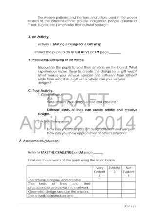 DRAFT
April 22, 2014
3 | P a g e  
 
The weave patterns and the lines and colors, used in the woven
textiles of the different ethnic groups/ indigenous people (T’nalak of
T’boli, Ifugao, etc.) emphasize their cultural heritage.
3. Art Activity:
Activity I: Making a Design for a Gift Wrap
Instruct the pupils to do BE CREATIVE on LM page _______.
4. Processing/Critiquing of Art Works:
Encourage the pupils to post their artworks on the board. What
experiences inspire them to create the design for a gift wrap?
What makes your artwork special and different from others?
Aside from using it as a gift wrap, where can you use your
designs?
C. Post- Activity:
1. Generalization:
Ask:
What makes your design artistic and creative?
Different kinds of lines can create artistic and creative
designs.
2. Values Integration:
How can you make your art design different and unique?
How can you show appreciation of other’s artwork?
V- Assessment/Evaluation :
Refer to TAKE THE CHALLENGE on LM page ______.
Evaluate the artworks of the pupils using the rubric below.
Very
Evident
5
Evident
3
Not
Evident
1
The artwork is original and creative.
The kinds of lines and their
characteristics are shown in the artwork.
Geometric design is used in the artwork.
The artwork is finished on time.
 
