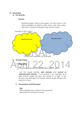 DRAFT
April 22, 2014
IV. Procedure:
A. Pre Activity:
Review
Distribute paper strips to the pupils. Let them write in the
strips examples of objects with warm and cool colors.
Ask them to paste the paper strips on the charts.
Example of the charts:
Check the responses of the pupils.
B. Activity Proper:
1. Motivation
Show pupils pictures of animals, then play a game.
Let the pupils identify wild animals and tamed or
domesticated animals. If the picture is an example of a
wild animal, pupils will give the sound of a tiger. If the
picture is an example of a tamed animal, pupils will give the
sound of a bird.
2. Presentation and Discussion
Ask:
What animals were shown in the pictures?
What kind of animals are they?
Things with warm colors. 
 
 
 
 
 
Things with cool colors . 
 
 
 
 
 
 