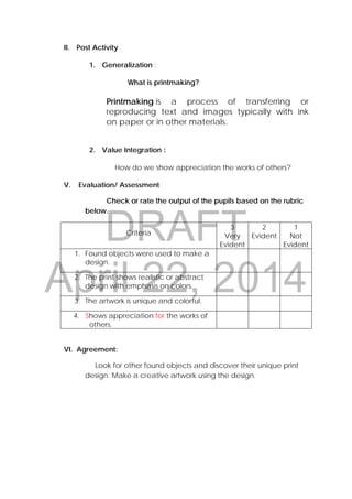 DRAFT
April 22, 2014
 
 
 
II. Post Activity
1. Generalization :
What is printmaking?
Printmaking is a process of transferring or
reproducing text and images typically with ink
on paper or in other materials.
2. Value Integration :
How do we show appreciation the works of others?
V. Evaluation/ Assessment
Check or rate the output of the pupils based on the rubric
below.
Criteria
3
Very
Evident
2
Evident
1
Not
Evident
1. Found objects were used to make a
design.
2. The print shows realistic or abstract
design with emphasis on colors.
3. The artwork is unique and colorful.
4. Shows appreciation for the works of
others.
VI. Agreement:
Look for other found objects and discover their unique print
design. Make a creative artwork using the design.
 