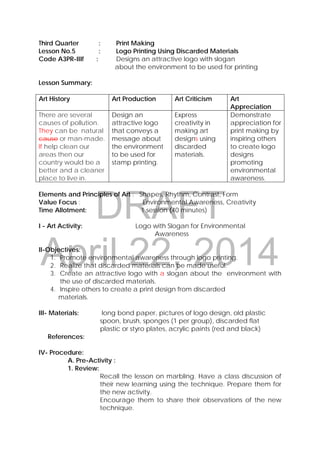 DRAFT
April 22, 2014
Third Quarter : Print Making
Lesson No.5 : Logo Printing Using Discarded Materials
Code A3PR-IIIf : Designs an attractive logo with slogan
about the environment to be used for printing
Lesson Summary:
Art History Art Production Art Criticism Art
Appreciation
There are several
causes of pollution.
They can be natural
cause or man-made.
If help clean our
areas then our
country would be a
better and a cleaner
place to live in.
Design an
attractive logo
that conveys a
message about
the environment
to be used for
stamp printing.
Express
creativity in
making art
designs using
discarded
materials.
Demonstrate
appreciation for
print making by
inspiring others
to create logo
designs
promoting
environmental
awareness.
Elements and Principles of Art : Shapes, Rhythm, Contrast, Form
Value Focus : Environmental Awareness, Creativity
Time Allotment: 1 session (40 minutes)
I - Art Activity: Logo with Slogan for Environmental
Awareness
II-Objectives:
1. Promote environmental awareness through logo printing.
2. Realize that discarded materials can be made useful.
3. Create an attractive logo with a slogan about the environment with
the use of discarded materials.
4. Inspire others to create a print design from discarded
materials.
III- Materials: long bond paper, pictures of logo design, old plastic
spoon, brush, sponges (1 per group), discarded flat
plastic or styro plates, acrylic paints (red and black)
References:
IV- Procedure:
A. Pre-Activity :
1. Review:
Recall the lesson on marbling. Have a class discussion of
their new learning using the technique. Prepare them for
the new activity.
Encourage them to share their observations of the new
technique.
 