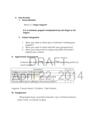 DRAFT
April 22, 2014
C. Post Activity
1. Generalization
What is a Finger Puppet?
It is a miniature puppet manipulated by one finger or all
fingers.
2. Values Integration
1. Were you able to show your creativity in making your
puppet?
2. Were you able to work well with your groupmates?
3. Were you resourceful in using recyclable materials?
Explain your answer.
V. Agreement/ Assessment
Evaluate the work of the pupils. Give corresponding points on
each output.
Questions 3 2 1
Does your output show creativity?
Were materials used properly?
Is the finger puppet made of different recycled
materials?
Did you participate willingly in the presentation?
Legend: 3 Very Evident, 2 Evident, 1 Not Evident
VI. Assignment:
Bring paper bag, recycled materials, 2 pcs. of black buttons,
water color, and paste or glue.
 