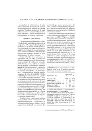 Archivos de zootecnia vol. 61, núm. 233, p. 33.
SUPLEMENTAÇÃO COM FUBÁ DE MILHO EM NOVILHOS TERMINADOS A PASTO
a base de fubá de milho e níveis de uréia
como controladora de consumo em novilhos
Neloreterminadosempastagemde Panicum
maximum 'Tanzânia', no período da seca,
sobre o consumo e a digestibilidade aparen-
te dos nutrientes, e avaliar as características
bromatológicas da forragem consumida.
MATERIALEMÉTODOS
OexperimentofoiconduzidonaFazenda
Vale do Sonho, localizada no município de
Araguaiana-MT, cuja coordenada geográ-
fica é 15°8'44" de latitude Sul e 51°52'36" de
longitude Oeste. O clima predominante da
região é o tropical quente, com precipitação
anual média de 1480 mm. O trabalho foi
desenvolvido durante o período da seca,
entre os meses de julho e outubro.
Foram utilizados níveis crescentes de
suplemento: 1,0; 2,0; e 4,0 kg/animal/dia,
além do tratamento controle-mistura mine-
ral, constituídos de milho grão triturado,
farelo de soja, uréia, sulfato de amônio,
mistura mineral e suplemento comercial
(tabela I). Os suplementos, à exceção do
controle, apresentaram níveis decrescentes
de proteína bruta (42,6 a 25% da matéria
seca) e proporções de mistura mineral:
uréia:fubá de milho de 10:10:80, 5:5:90 e
2,5:2,5:95 para os tratamentos com 1,0; 2,0 e
4,0 kg/animal/dia, respectivamente. A uréia
foi usada como controladora de consumo
de suplemento, sendo proveniente da fonte
exclusiva e daquela presente no suplemen-
to comercial para atingir os níveis de 10; 5 e
2,5% para os tratamentos com 1,0; 2,0 e 4,0
kg/animal/dia, respectivamente. Os suple-
mentos foram fornecidos diariamente, em
comedouro individual às 8 horas, a fim de
minimizar a interferência de efeito substi-
tutivo sobre o comportamento de ingestão
da forragem (Adams, 1985).
O delineamento experimental adotado
foi o quadrado latino, onde os níveis dos
suplementos variavam a cada período e os
animais permaneciam nos piquetes. A área
experimental destinada aos animais foi
constituída por quatro piquetes de 1 ha
cada, cobertos uniformemente com gramí-
neaPanicum maximum 'Tanzânia', providos
de cocho de duplo acesso e um bebedouro
de alvenaria central.
Foram utilizados quatro novilhos da raça
Nelore, castrados, com idade de 30 meses e
peso médio inicial de 440 kg, para avaliação
dos parâmetros nutricionais consumo e
digestibilidade aparente total. Ao início do
experimento, todos os animais foram
submetidos ao controle de ecto e endopa-
rasitas e desverminados com vermífugo à
base de Moxidectina a 1%. No primeiro dia
de cada período experimental foi realizada a
coleta do pasto para determinação da
disponibilidade total de matéria seca/ha. Os
cortes foram feitos ao nível do solo,
colhendo-se toda a forragem na área do
quadrado, de cinco áreas delimitadas por
umquadradometálicode0,5x0,5m(0,25m2
),
escolhidos aleatoriamente em cada piquete
experimental (McMeniman, 1997). A amos-
Tabela I. Composição percentual dos suple-
mentos, com base na matéria natural.
(Percentage composition of supplements).
Tratamentos1
Ingredientes (%) 1 2 3 4
Farelo de milho - 40,8 62,5 75,2
Farelo de soja - - 7,7 10,1
Uréia/sulfato de amônia - 7,1 3,6 1,8
Mistura mineral comercial2
100 - - -
Sal comum (NaCl) - 1,1 0,6 0,3
Suplemento comercial3
- 51 25,6 12,7
1
1:controle-misturamineral;2:1,0kg/animal/dia;3:
2,0 kg/animal/dia; 4: 4,0 kg/animal/dia.
2
6,5% Ca; 6,5% P; 15,8% Na; 0,5% Mg; 1,8% S;
0,05%Mn;0,1%Cu;0,2%Zn;0,075%Fe;0,0075%
I; 0,0075% Co; 0,001% Se; 0,1% F; 4,5% N.
3
22,5% PB; 2,5% NNP; 1% P; 1,67% Ca; 4% Na;
0,3% Mg; 0,45% S; 0,0075% Cu; 0,001% Co;
0,01% Fe; 0,0015% I; 0,05% Mn; 0,0001% Se;
0,03% Zn; 0,5% palatabilizante; 0,1% de
antioxidante.
 