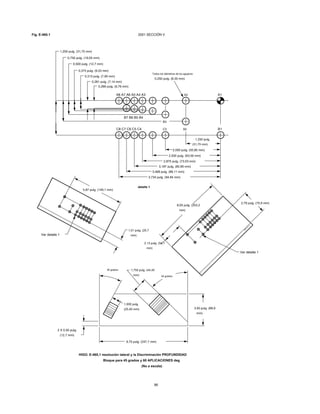 Fig. E-460.1 2001 SECCIÓN V
3,734 pulg. (94,84 mm)
8,00 pulg. (203,2
mm)
2,79 pulg. (70,9 mm)
Ver detalle 1
2,13 pulg. (54,1
mm)
1,01 pulg. (25,7
mm)
5,87 pulg. (149,1 mm)
Todos los diámetros de los agujeros
0,250 pulg. (6,35 mm)
detalle 1
Ver detalle 1
3,469 pulg. (88,11 mm)
3,187 pulg. (80,95 mm)
2,875 pulg. (73,03 mm)
0,750 pulg. (19,05 mm)
1,250 pulg. (31,75 mm)
0,500 pulg. (12,7 mm)
0,375 pulg. (9,53 mm)
0,313 pulg. (7,95 mm)
0,281 pulg. (7,14 mm)
0,266 pulg. (6,76 mm)
2,500 pulg. (63,50 mm)
2,000 pulg. (50,80 mm)
1,250 pulg.
(31,75 mm)
C8 C7 C6 C5 C4
B7 B6 B5 B4
C3
B3
B2 B1
A8 A7 A6 A5 A4 A3 A2 A1
2 X 0,50 pulg.
(12,7 mm)
3,50 pulg. (88,9
mm)
1,750 pulg. (44,45
mm) 45 grados
30 grados
1,000 pulg.
(25,40 mm)
9,75 pulg. (247,7 mm)
HIGO. E-460,1 resolución lateral y la Discriminación PROFUNDIDAD
Bloque para 45 grados y 60 APLICACIONES deg
(No a escala)
86
VT-LAT-4000
 