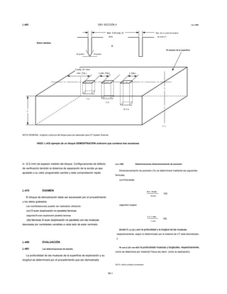 L-462 2001 SECCIÓN V La L-482
60 grados
Max. 0,20 pulg. (5
mm)
Max. de un cuarto de longitud
de onda UT
El examen de la superficie
Notch detalles
60 grados
C / L
L min. (Típ.)L min. (Típ.) L ( típ.)L ( típ.)
T
T / 4T / 4
T / 2T / 2
3 T / 43 T / 43 T / 4
2 pulg. (51 mm)
min. (Típ.)
O
NOTA GENERAL: longitud y anchura del bloque para ser adecuado para UT System Scanner.
HIGO. L-432 ejemplo de un bloque DEMOSTRACIÓN ordinario que contiene tres escalones
in. (0,5 mm) de espesor medido del bloque. Configuraciones de defecto
de verificación tendrán la distancia de separación de la sonda ya sea
ajustado o su valor programado cambió y esta comprobación repite.
L-470 EXAMEN
El bloque de demostración debe ser escaneado por el procedimiento
y los datos grabados.
Las manifestaciones pueden ser realizados utilizando:
(un) D-scan (exploración no paralela) técnicas(un) D-scan (exploración no paralela) técnicas
(segundo) B-scan (exploración paralelo) técnicas(segundo) B-scan (exploración paralelo) técnicas
(do) técnicas D-scan (exploración no paralela) con las muescas(do) técnicas D-scan (exploración no paralela) con las muescas
desviadas por cantidades variables a cada lado de estar centrado.
L-480 EVALUACIÓN
L-481 Las determinaciones de tamaño
La profundidad de las muescas de la superficie de exploración y su
longitud se determinará por el procedimiento que ser demostrada.
99.1
La L-482 Determinaciones dimensionamiento de precisión
Dimensionamiento de precisión (%) se determinará mediante las siguientes
fórmulas:
(un) Profundidad:(un) Profundidad:
re re - re metrore re - re metrore re - re metrore re - re metrore re - re metro
re metrore metro
100
(segundo) Longitud:(segundo) Longitud:
L re - L metroL re - L metroL re - L metroL re - L metroL re - L metro
L metroL metro
100
donde D re y yo re son la profundidad y la longitud de las muescas,donde D re y yo re son la profundidad y la longitud de las muescas,donde D re y yo re son la profundidad y la longitud de las muescas,donde D re y yo re son la profundidad y la longitud de las muescas,donde D re y yo re son la profundidad y la longitud de las muescas,
respectivamente, según lo determinado por el sistema de UT está demostrado,
y
re metro y yo metro son la profundidad muescas y longitudes, respectivamente,re metro y yo metro son la profundidad muescas y longitudes, respectivamente,re metro y yo metro son la profundidad muescas y longitudes, respectivamente,re metro y yo metro son la profundidad muescas y longitudes, respectivamente,re metro y yo metro son la profundidad muescas y longitudes, respectivamente,
como se determina por medición física (es decir, como la replicación)
NOTA: Utilice unidades consistentes.
 