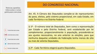 Art. 45. A Câmara dos Deputados compõe-se de representantes
do povo, eleitos, pelo sistema proporcional, em cada Estado, em
cada Território e no Distrito Federal.
DO CONGRESSO NACIONAL
§ 1º - O número total de Deputados, bem como a representação
por Estado e pelo Distrito Federal, será estabelecido por lei
complementar, proporcionalmente à população, procedendo-se
aos ajustes necessários, no ano anterior às eleições, para que
nenhuma daquelas unidades da Federação tenha menos de oito
ou mais de setenta Deputados.
§ 2º - Cada Território elegerá quatro Deputados.
 