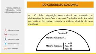 Art. 47. Salvo disposição constitucional em contrário, as
deliberações de cada Casa e de suas Comissões serão tomadas
por maioria dos votos, presente a maioria absoluta de seus
membros.
DO CONGRESSO NACIONAL
Maioria Absoluta 41
Maioria Presente
41 21
50 26
70 36
Senado 81
 