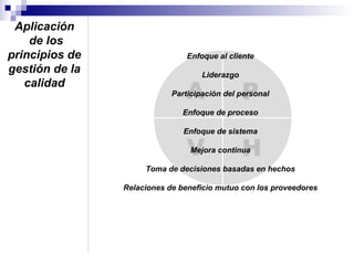 Aplicación
de los
principios de
gestión de la
calidad

Enfoque al cliente
Liderazgo

A

P

Participación del personal
Enfoque de proceso
Enfoque de sistema

V

H

Mejora continua

Toma de decisiones basadas en hechos
Relaciones de beneficio mutuo con los proveedores

 