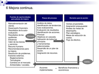 6 Mejora continua.
Fuentes de oportunidades
para planes de mejorar

Retroalimentación del
cliente.
Desempeño financiero.
Resultados de la autoevaluación.
Resultados de las
Entrada
auditorias.
Eficiencia.
Valor de los bienes
y servicios.
Recurso humano.
Recomendaciones para
la mejora.
Resolución de problemas.
Factores externos.
Reglamentarios
Tecnologías
Cambios en el mercado
Ambientales / sociales.

Pasos del proceso

Revisión para la acción

Análisis de datos.
Identificación de tendencias.
Auto evaluaciones.
Evaluación de resultados.
Identificación de acciones.
Priorizar.
Objetivos en cascada.
Aplicación de todos los
principios
y herramientas
seleccionadas.
Desarrollo de un plan de
acción.
Asignación de recursos.

Ventas proyectadas.
Asignación presupuestal.
Niveles de metas de
desempeño.
Plan estratégico.
Metas de reducción de
costos.
Flujo de efectivo.

Salida
Acciones
implementadas

=

Beneficios financieros y
económicos

 