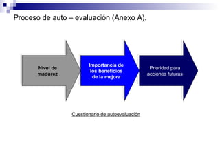 Proceso de auto – evaluación (Anexo A).

Nivel de
Nivel de
madurez
madurez

Importancia de
Importancia de
los beneficios
los beneficios
de la mejora
de la mejora

Cuestionario de autoevaluación

Prioridad para
Prioridad para
acciones futuras
acciones futuras

 