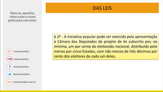 DAS LEIS
§ 2º - A iniciativa popular pode ser exercida pela apresentação
à Câmara dos Deputados de projeto de lei subscrito por, no
mínimo, um por cento do eleitorado nacional, distribuído pelo
menos por cinco Estados, com não menos de três décimos por
cento dos eleitores de cada um deles.
 