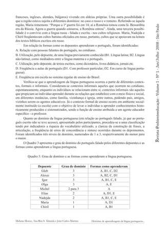 Quadro 3. Grau de domínio e as formas como aprenderam a língua portuguesa.
Depoente
Gleb
Alexei
Igor
Olga
Michel
Elias
Nadejda
Maria
Chiril

Grau de domínio
3
3
3
3
2 para 3
2
2
1
1

Melania Moroz, Ana Rita S. Almeida e João Carlos Martins

Formas como aprenderam
A, B1, C, D2
A, B2, C, D1
A, B1, C, E
A, E
A
A, D1, E
A, B1, C, E
A, D1
A, B1

Histórias de aprendizagem da língua portuguesa...

2008 - São Paulo

Revista @mbienteeducação - Volume 1 - Nº 1 - Jan/Julho

franceses, ingleses, alemães, búlgaros) vivendo em aldeias próprias. Uma outra possibilidade é
que a região estava sujeita a diferentes domínios: no caso o russo e o romeno. Referindo-se àquela
região, Maria rememora: “Porque a 1ª guerra foi em 14; aí a Romênia tomou conta lá. Bessarábia
era da Rússia. Agora a guerra quando estourou, a Romênia entrou”. Ainda, uma terceira possibilidade é o convívio com a língua russa - falada e escrita - nos cultos religiosos. Maria, Nadejda e
Chiril freqüentavam cultos batistas oficiados em russo, portanto, cultos que se apoiavam na leitura
dos textos bíblicos escritos em russo.
Em relação às formas como os depoentes aprenderam o português, foram identificadas:
A. Relação com pessoas falantes do português, no cotidiano.
B. Utilização, pelo depoente, de uma língua previamente conhecida (B1. Língua latina; B2. Língua
não-latina), como mediadora entre a língua materna e o português.
C. Utilização, pelo depoente, de textos escritos, como dicionários, livros didáticos, jornais etc.
D. Freqüência a aulas de português (D1. Com professor particular; D2. Em curso de língua portuguesa).
E. Freqüência em escola no sistema regular de ensino do Brasil.
Verifica-se que a aprendizagem da língua portuguesa ocorreu a partir de diferentes contextos, formais e informais. Consideram-se contextos informais aqueles que ocorrem no cotidiano,
espontaneamente, enquanto os indivíduos se relacionam entre si; contextos informais são aqueles
que propiciam ao indivíduo aprender durante as relações que estabelece com o meio físico e social,
em diferentes instâncias, como família, vizinhança e igreja, entre outros, podendo pais, amigos,
vizinhos serem os agentes educativos. Já o contexto formal de ensino ocorre em ambiente socialmente instituído (a escola) com o objetivo de levar o indivíduo a aprender conhecimentos historicamente produzidos e sistematizados, sendo a função de ensino atribuída a um agente educador
específico - o professor.
Quanto ao domínio da língua portuguesa (em relação ao português falado, já que ao português escrito não se teve acesso), apresentado pelos participantes, procedeu-se a uma classificação
tendo por indicadores a riqueza do vocabulário utilizado, a clareza da construção de frases, a
articulação, a freqüência de erros de concordância e sintaxe ocorridos durante os depoimentos.
Foram identificados três níveis de domínio, numerados de 1 a 3, respectivamente do menor para
o maior.
O Quadro 3 apresenta o grau de domínio do português falado pelos diferentes depoentes e as
formas como aprenderam a língua portuguesa.

 