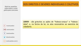 LXXVII - são gratuitas as ações de “habeas-corpus” e “habeas-
data”, e, na forma da lei, os atos necessários ao exercício da
cidadania.
DOS DIREITOS E DEVERES INDIVIDUAIS E COLETIVOS
 