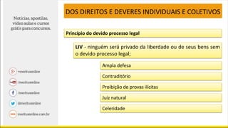 LIV - ninguém será privado da liberdade ou de seus bens sem
o devido processo legal;
DOS DIREITOS E DEVERES INDIVIDUAIS E COLETIVOS
Princípio do devido processo legal
Ampla defesa
Contraditório
Proibição de provas ilícitas
Juiz natural
Celeridade
 