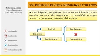 LV - aos litigantes, em processo judicial ou administrativo, e aos
acusados em geral são assegurados o contraditório e ampla
defesa, com os meios e recursos a ela inerentes;
DOS DIREITOS E DEVERES INDIVIDUAIS E COLETIVOS
Judicial
Processo
Administrativo
Ampla defesa
Contraditório
 