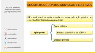 LIX - será admitida ação privada nos crimes de ação pública, se
esta não for intentada no prazo legal;
DOS DIREITOS E DEVERES INDIVIDUAIS E COLETIVOS
Regra pública
Privada subsidiária da pública
Exceção privada
Ação penal
 