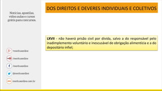 LXVII - não haverá prisão civil por dívida, salvo a do responsável pelo
inadimplemento voluntário e inescusável de obrigação alimentícia e a do
depositário infiel;
DOS DIREITOS E DEVERES INDIVIDUAIS E COLETIVOS
 