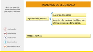 MANDADO DE SEGURANÇA
Legitimidade passiva:
Autoridade pública
Agente de pessoa jurídica nas
atribuições do poder público.
Prazo: 120 DIAS
 