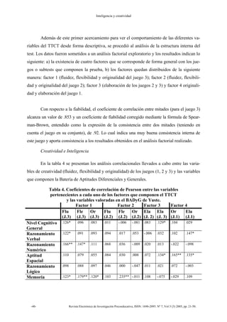 Inteligencia y creatividad
-40- Revista Electrónica de Investigación Psicoeducativa, ISSN: 1696-2095. Nº 7, Vol 3 (3) 2005, pp. 21-50.
Además de este primer acercamiento para ver el comportamiento de las diferentes va-
riables del TTCT desde forma descriptiva, se procedió al análisis de la estructura interna del
test. Los datos fueron sometidos a un análisis factorial exploratorio y los resultados indican lo
siguiente: a) la existencia de cuatro factores que se corresponde de forma general con los jue-
gos o subtests que componen la prueba, b) los factores quedan distribuidos de la siguiente
manera: factor 1 (fluidez, flexibilidad y originalidad del juego 3); factor 2 (fluidez, flexibili-
dad y originalidad del juego 2); factor 3 (elaboración de los juegos 2 y 3) y factor 4 originali-
dad y elaboración del juego 1.
Con respecto a la fiabilidad, el coeficiente de correlación entre mitades (para el juego 3)
alcanza un valor de .853 y un coeficiente de fiabilidad corregido mediante la fórmula de Spear-
man-Brown, entendido como la expresión de la consistencia entre dos mitades (teniendo en
cuenta el juego en su conjunto), de .92. Lo cual indica una muy buena consistencia interna de
este juego y aporta consistencia a los resultados obtenidos en el análisis factorial realizado.
Creatividad e Inteligencia
En la tabla 4 se presentan los análisis correlacionales llevados a cabo entre las varia-
bles de creatividad (fluidez, flexibilidad y originalidad) de los juegos (1, 2 y 3) y las variables
que componen la Batería de Aptitudes Diferenciales y Generales.
Tabla 4. Coeficientes de correlación de Pearson entre las variables
pertenecientes a cada uno de los factores que componen el TTCT
y las variables valoradas en el BADyG de Yuste.
Factor 1 Factor 2 Factor 3 Factor 4
Flu
(J.3)
Fle
(J.3)
Or
(J.3)
Flu
(J.2)
Fle
(J.2)
Or
(J.2)
Ela
(J. 2)
Ela
(J. 3)
Or
(J.1)
Ela
(J.1)
Nivel Cognitivo
General
.126* .096 .083 .011 -.006 -.081 .083 .129* .104 .029
Razonamiento
Verbal
.122* .091 .093 .094 .017 .053 -.006 .032 .102 .147*
Razonamiento
Numérico
.166** .147* .111 .068 .036 -.009 .020 .013 -.022 -.098
Aptitud
Espacial
.110 .079 .055 .084 .030 .008 .072 .134* .165** .135*
Razonamiento
Lógico
.098 .088 .097 .046 .000 -.047 .011 .021 .072 -.003
Memoria .123* .179** .120* .103 .235** -.011 .108 -.075 -.029 .109
 