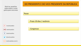 Posse
- Prazo 10 dias / vacância
- Congresso
DO PRESIDENTE E DO VICE-PRESIDENTE DA REPÚBLICA
 
