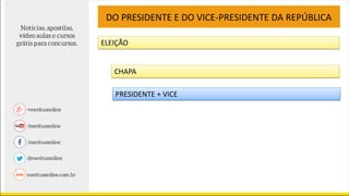 DO PRESIDENTE E DO VICE-PRESIDENTE DA REPÚBLICA
ELEIÇÃO
CHAPA
PRESIDENTE + VICE
 
