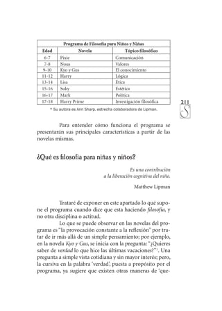 211
Programa de Filosofía para Niños y Niñas
Edad Novela Tópico filosófico
6-7 Pixie Comunicación
7-8 Nous Valores
9-10 Kyo y Gus El conocimiento
11-12 Harry Lógica
13-14 Lisa Ética
15-16 Suky Estética
16-17 Mark Política
17-18 Harry Prime Investigación filosófica
* Su autora es Ann Sharp, estrecha colaboradora de Lipman.
Para entender cómo funciona el programa se
presentarán sus principales características a partir de las
novelas mismas.
¿Qué es filosofía para niñas y niños?	
Es una contribución
a la liberación cognitiva del niño.
Matthew Lipman
Trataré de exponer en este apartado lo qué supo-
ne el programa cuando dice que esta haciendo filosofía, y
no otra disciplina o actitud.
Lo que se puede observar en las novelas del pro-
grama es “la provocación constante a la reflexión” por tra-
tar de ir más allá de un simple pensamiento; por ejemplo,
en la novela Kyo y Gus, se inicia con la pregunta: “¿Quieres
saber de verdad lo que hice las últimas vacaciones?”1
. Una
pregunta a simple vista cotidiana y sin mayor interés; pero,
la cursiva en la palabra ‘verdad’, puesta a propósito por el
programa, ya sugiere que existen otras maneras de ‘que-
 