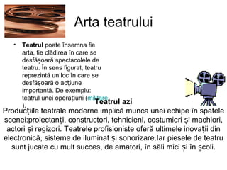 Arta teatrului
   •   Teatrul poate însemna fie
       arta, fie clădirea în care se
       desfășoară spectacolele de
       teatru. În sens figurat, teatru
       reprezintă un loc în care se
       desfășoară o acțiune
       importantă. De exemplu:
       teatrul unei operațiuni (militare
       ).
                                    Teatrul azi
Producțiile teatrale moderne implică munca unei echipe în spatele
scenei:proiectanți, constructori, tehnicieni, costumieri și machiori,
 actori și regizori. Teatrele profisioniste oferă ultimele inovații din
electronică, sisteme de iluminat și sonorizare.Iar piesele de teatru
  sunt jucate cu mult succes, de amatori, în săli mici și în școli.
 