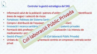 Controlar la gestió estratègica del SNS
• Informació salut de la població i patrons d'utilització (BIG Data): Identificació
àrees de negoci i selecció de riscos
• Fortaleses i febleses del Sistema Sanitari Públic
• Compra i distribució de l'equipament mèdic (Soci Sanitari)
• Innovació i recerca sanitària (R+D) diners públics patents privades
• Formació dels professionals: Estimular medicalización i ús intensiu de
medicaments i proves tecnològiques
• Gestió d'hospitals i centres de salut (Col·laboració Públic Privada)
• Unitats de Gestió Clínica fragmentació centres en empreses i entrada sector
privat
 