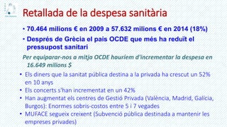 Retallada de la despesa sanitària
• 70.464 milions € en 2009 a 57.632 milions € en 2014 (18%)
• Després de Grècia el país OCDE que més ha reduït el
pressupost sanitari
Per equiparar-nos a mitja OCDE hauríem d'incrementar la despesa en
16.649 milions $
• Els diners que la sanitat pública destina a la privada ha crescut un 52%
en 10 anys
• Els concerts s'han incrementat en un 42%
• Han augmentat els centres de Gestió Privada (València, Madrid, Galícia,
Burgos): Enormes sobris-costos entre 5 i 7 vegades
• MUFACE segueix creixent (Subvenció pública destinada a mantenir les
empreses privades)
 