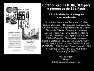 Contribuição da MONÇÕES para
o progresso de São Paulo
2.790 Residências já entregues
e em construção:
64 residências em Vila Pompéia . 320 na
Cidade Monções . 46 luxuosos apartamentos
no Edifício Piauí . 40 apartamentos no Edifício
Duque de Caxias . 50 apartamentos no
Edifício Pacaembu . 360 apartamentos no
Edifício Viadutos . 300 apartamentos no
Edifício Planalto . 350 apartamentos no
Edifício Bretagne . 350 Edifício Louvre. 160 no
Edifício Hortênsias. 139 no Edifício Acácias
(APRACS) . 119 Edifícios Saint Honoré . 160
no Edifício Verde Mar . 250 no Edifício
Enseada (SANTOS)
850 garagens
54 lojas
2.548 operários em serviço
 