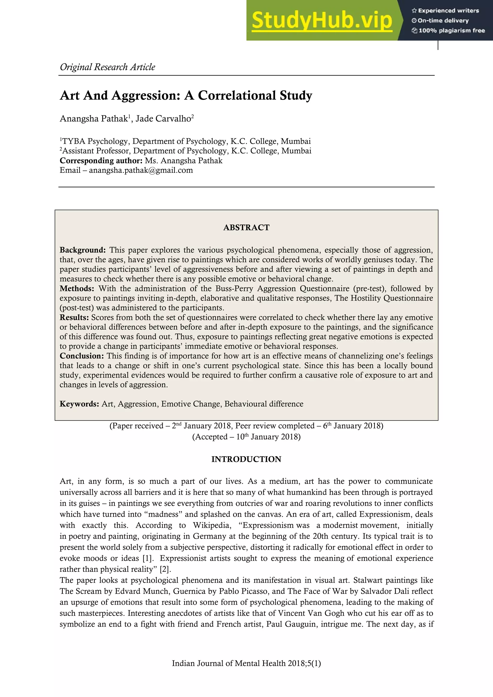 Art And Aggression A Correlational Study | PDF