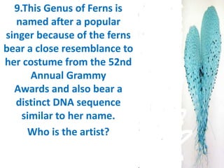 9.This Genus of Ferns is
named after a popular
singer because of the ferns
bear a close resemblance to
her costume from the 52nd
Annual Grammy
Awards and also bear a
distinct DNA sequence
similar to her name.
Who is the artist?
 