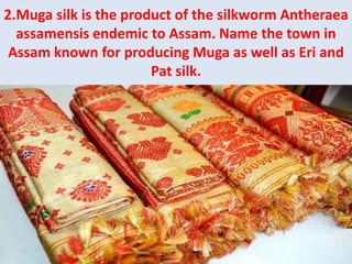 2.Muga silk is the product of the silkworm Antheraea
assamensis endemic to Assam. Name the town in
Assam known for producing Muga as well as Eri and
Pat silk.
 