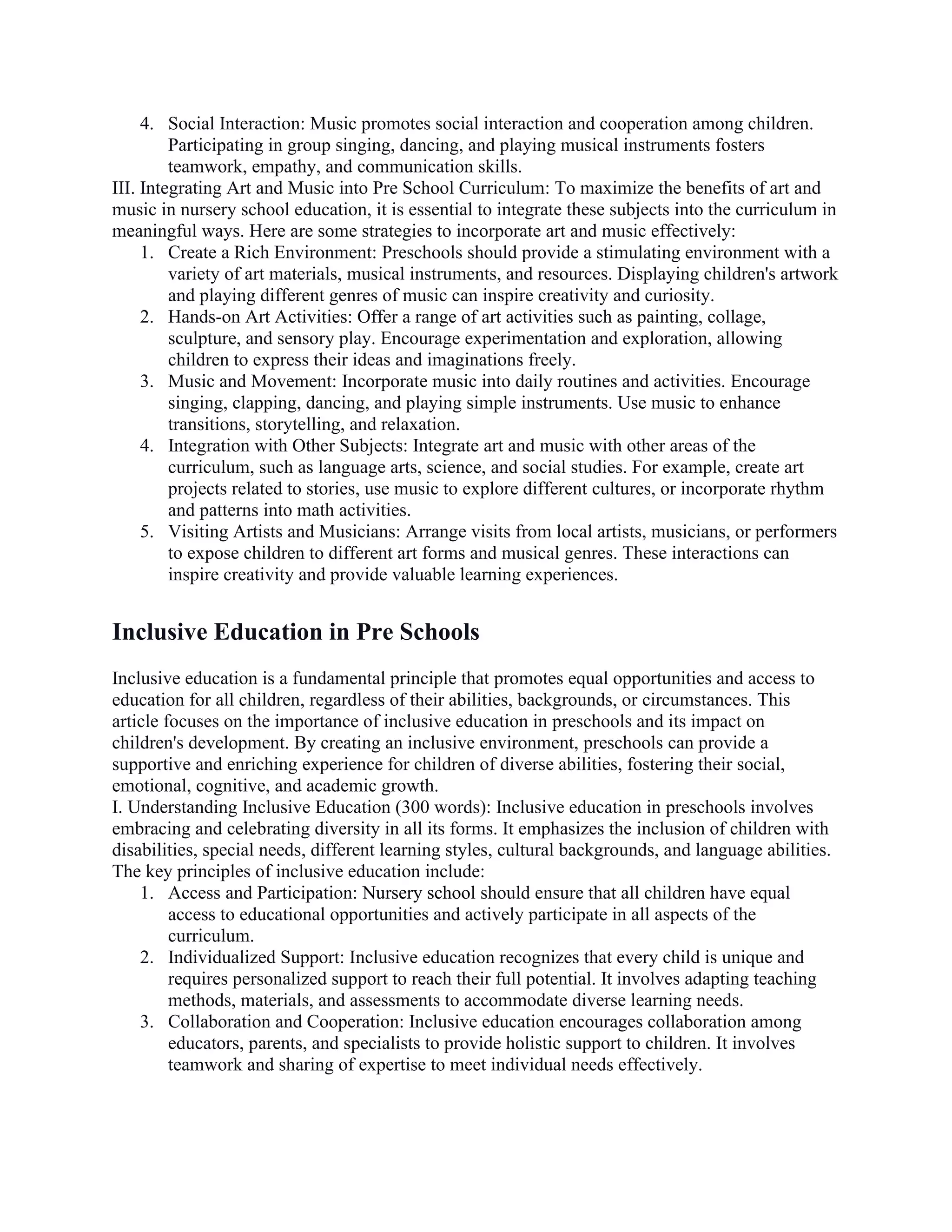 Art and Music in Pre School Education: Unleashing Creativity. | PDF