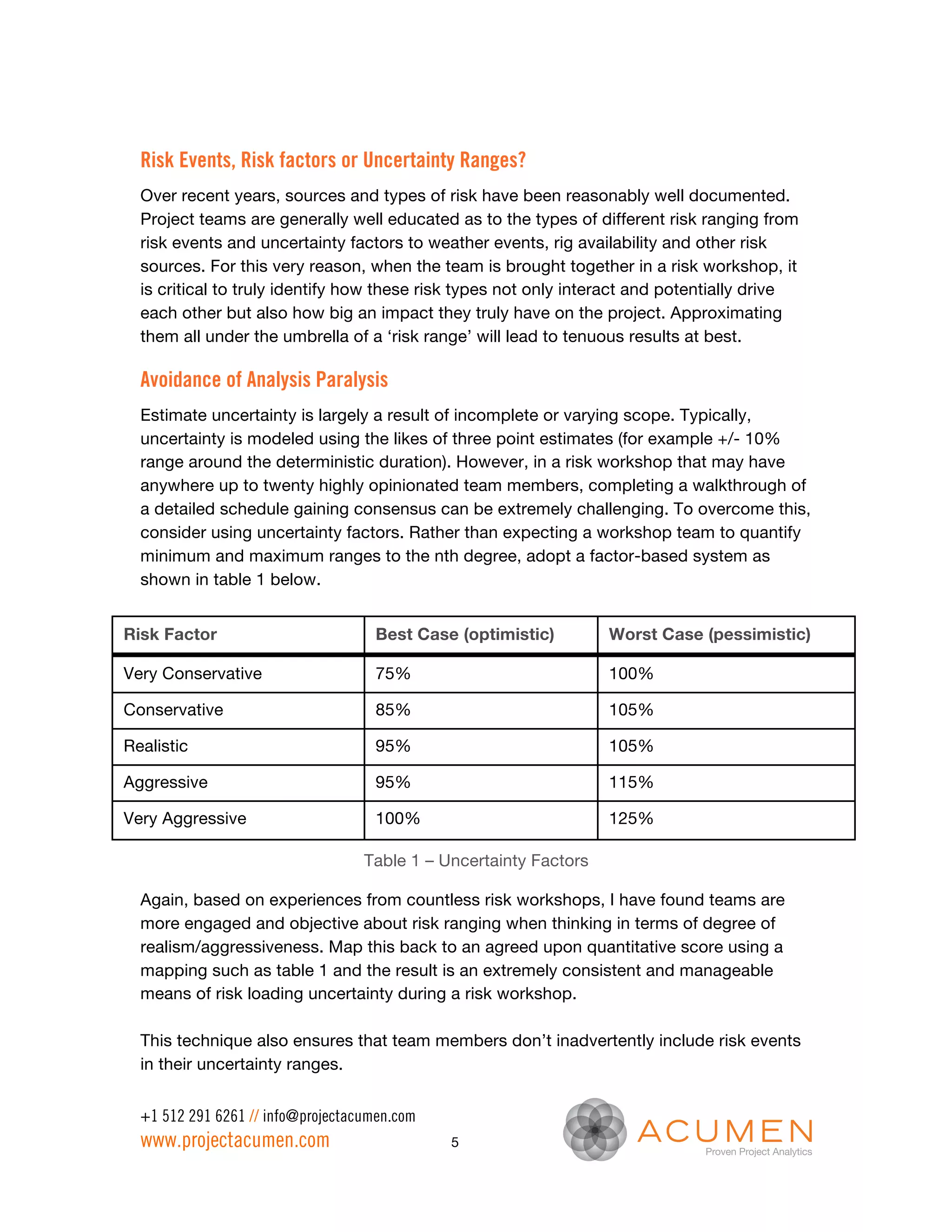 Risk Events, Risk factors or Uncertainty Ranges?
  Over recent years, sources and types of risk have been reasonably well documented.
  Project teams are generally well educated as to the types of different risk ranging from
  risk events and uncertainty factors to weather events, rig availability and other risk
  sources. For this very reason, when the team is brought together in a risk workshop, it
  is critical to truly identify how these risk types not only interact and potentially drive
  each other but also how big an impact they truly have on the project. Approximating
  them all under the umbrella of a ‘risk range’ will lead to tenuous results at best.

  Avoidance of Analysis Paralysis
  Estimate uncertainty is largely a result of incomplete or varying scope. Typically,
  uncertainty is modeled using the likes of three point estimates (for example +/- 10%
  range around the deterministic duration). However, in a risk workshop that may have
  anywhere up to twenty highly opinionated team members, completing a walkthrough of
  a detailed schedule gaining consensus can be extremely challenging. To overcome this,
  consider using uncertainty factors. Rather than expecting a workshop team to quantify
  minimum and maximum ranges to the nth degree, adopt a factor-based system as
  shown in table 1 below.


Risk Factor                         Best Case (optimistic)         Worst Case (pessimistic)

Very Conservative                   75%                            100%

Conservative                        85%                            105%

Realistic                           95%                            105%

Aggressive                          95%                            115%

Very Aggressive                     100%                           125%

                                   Table 1 – Uncertainty Factors

  Again, based on experiences from countless risk workshops, I have found teams are
  more engaged and objective about risk ranging when thinking in terms of degree of
  realism/aggressiveness. Map this back to an agreed upon quantitative score using a
  mapping such as table 1 and the result is an extremely consistent and manageable
  means of risk loading uncertainty during a risk workshop.

  This technique also ensures that team members don’t inadvertently include risk events
  in their uncertainty ranges.


  +1 512 291 6261 // info@projectacumen.com
  www.projectacumen.com                       5
 