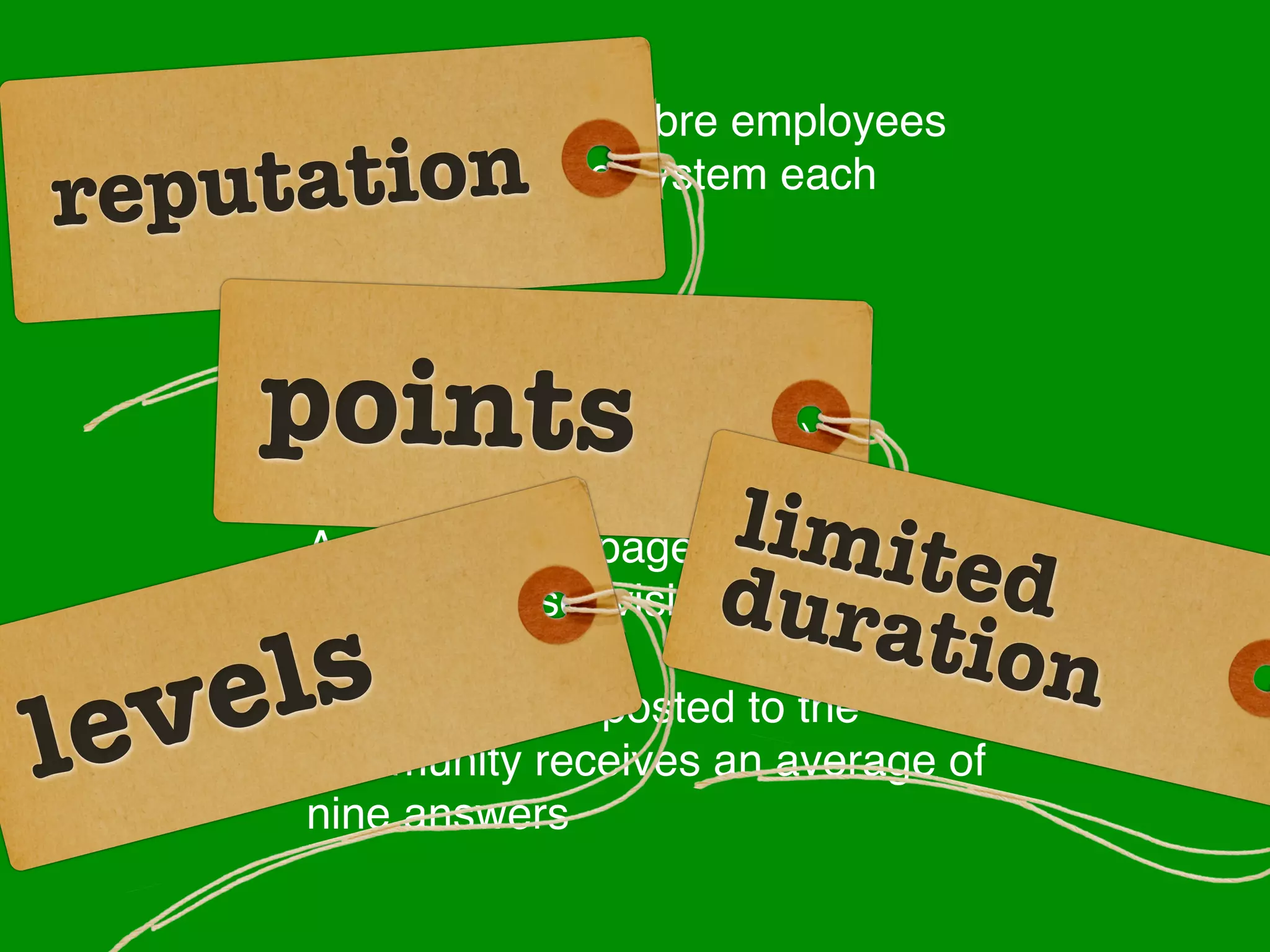60% - 70% of Sabre employees

repu tation
       actively use the system each
       month

       60% of questions asked are
       points
       answered within one hour of
       posting (90% in 24 hours)
                          limit
      Average of 30 page views per
      employee user visit du       ed
                               ratio
   v   s question posted to the
    elEach                           n
le     community receives an average of
       nine answers
 