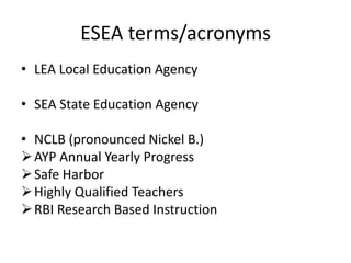 ESEA terms/acronyms
• LEA Local Education Agency
• SEA State Education Agency
• NCLB (pronounced Nickel B.)
AYP Annual Yearly Progress
Safe Harbor
Highly Qualified Teachers
RBI Research Based Instruction
 